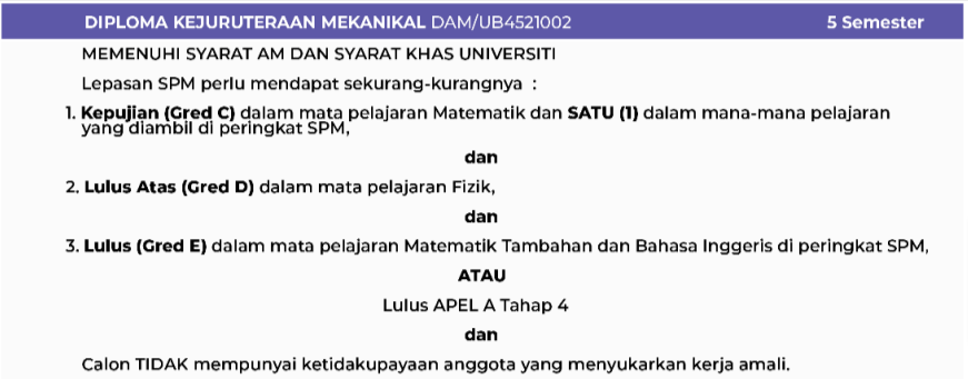 Syarat Diploma Mekanikal