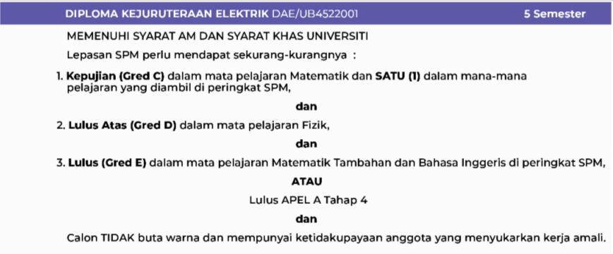 Syarat Khas Diploma Kejuruteraan Elektrik UTHM